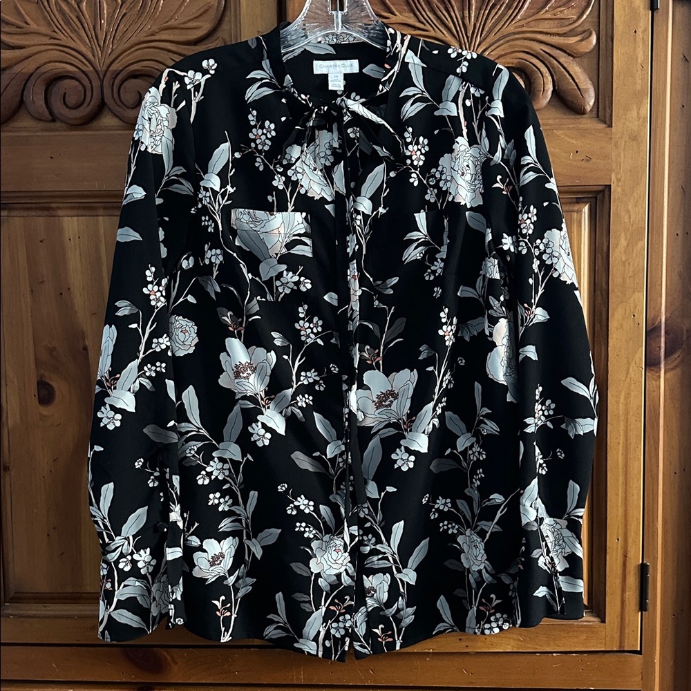 Charter Club Black Floral Silky Flutter Sleeve Tie Neck Blouse